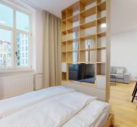 | Butiková 1,5i rezidencia s balkónom | Historická mestská - Spálňa v 2-izbovom byte s podlahou s dreveným dekorom a regálom pri televízore.