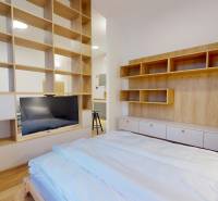 | Butiková 1,5i rezidencia s balkónom | Historická mestská - Spálňa v 2-izbovom byte s posteľou, TV, regály a podlaha s dreveným dekorom.