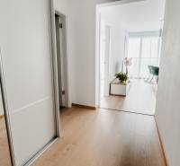 | E2Tower | 20.poschodie | 2i byt | panoramatický výhľad |  - Chodba v 2-izbovom byte s podlahou s dreveným dekorom a bielymi stenami.