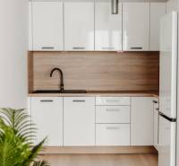 | E2Tower | 20.poschodie | 2i byt | panoramatický výhľad |  - Kuchynská linka s bielymi skrinkami a podlahou s dreveným dekorom, 2-izbový byt.