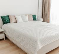 | E2Tower | 20.poschodie | 2i byt | panoramatický výhľad |  - Spálňa s pohodlnou posteľou, dekoračnými vankúšmi a nočným stolíkom v 2-izbovom byte.