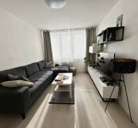 NA PREDAJ ŠTÝLOVÝ 2- IZBOVÝ BYT, 50m2, SÍDLISKO 2, PREŠOV - Obývacia izba s pohovkou, televízorom a podlahou s dreveným dekorom v 2-izbovom byte.