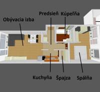 Luxusný 2-izbový byt + 2 balkóny, 73 m², garážové státie, Ružinov - Pôdorys 2-izbového bytu s označením miestností: obývacia izba, kuchyňa, spálňa, kúpeľňa.