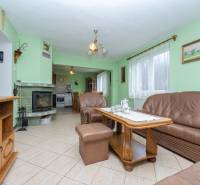 RD s VEĽKÝM POZEMKOM V SRDCI PRÍRODY, Tŕstie - Obývacia izba rodinného domu s koženým nábytkom, krbom a čajovou súpravou na stole.