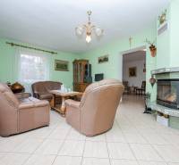 RD s VEĽKÝM POZEMKOM V SRDCI PRÍRODY, Tŕstie - Obývacia izba s krbom, koženými sedačkami a centrálnym stolom v rodinnom dome.