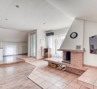4-izbový podkrovný byt s nebytovým priestorom v obci Pavlice - Obývacia izba s krbom v rodinnom dome, podlaha s dreveným dekorom, priestranné okná.