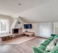 4-izbový podkrovný byt s nebytovým priestorom v obci Pavlice - Obývačka s krbom, zelenou pohovkou a podlahou s dreveným dekorom v rodinnom dome.