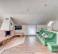 4-izbový podkrovný byt s nebytovým priestorom v obci Pavlice - Obývačka v rodinnom dome s krbom, zelenou sedačkou a podlahou s dreveným dekorom.