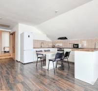 4-izbový podkrovný byt s nebytovým priestorom v obci Pavlice - Kuchyňa s jedálenským stolom a spotrebičmi v rodinnom dome, podlaha s dreveným dekorom.