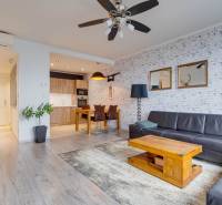 NA PREDAJ I CITY PARK RUŽINOV A I Kompletne zariadený 3iz byt  - Obývacia izba v 3-izbovom byte s podlahou s dreveným dekorom a koženou sedačkou.