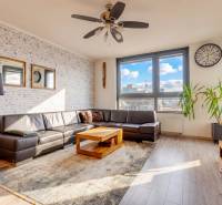 NA PREDAJ I CITY PARK RUŽINOV A I Kompletne zariadený 3iz byt  - Obývačka v 3-izbovom byte s koženou sedačkou, podlahou s dreveným dekorom a veľkými oknami.