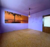 Predaj 2 - izbového bytu v Banskej Štiavnici - Fialové steny v 2-izbovom byte s podlahou s dreveným dekorom a prírodným fotomurálom.