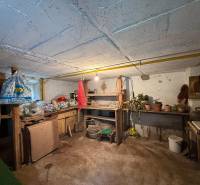 Predaj domu v Janovej Lehote - Pivnica rodinného domu s drevenými policami a kvetináčmi.