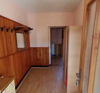 : Predaj rodinného domu s veľkým pozemkom v obci Pitelová  - Interiér rodinného domu s podlahou s dreveným dekorom a drevenými obkladmi na stenách.