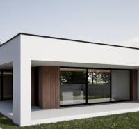 Na predaj 4-izb. rodinné domy, Nesvady - Rodinný dom v Nesvadoch s veľkými oknami a dreveným obkladom v záhrade.