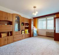 RADO I 2 IZBOVY BYT s loggiou I Adámiho ul. KARLOVA VES - Obývacia izba v 2-izbovom byte s množstvom dreveného úložného nábytku a veľkým oknom.