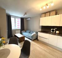 REZERVOVANÉ-PREDAJ 2 izbový byt s garážou v skvelej lokalite v Ružinov - Kuchyňa a obývačka v 2-izbovom byte s podlahou s dreveným dekorom.