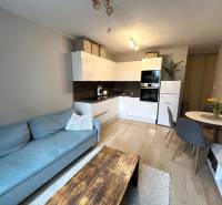 REZERVOVANÉ-PREDAJ 2 izbový byt s garážou v skvelej lokalite v Ružinov - Obývacia časť 2-izbového bytu s kuchyňou, sedačkou a jedálenským stolom.