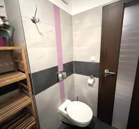 REZERVOVANÉ-PREDAJ 2 izbový byt s garážou v skvelej lokalite v Ružinov - Kúpeľňa v 2-izbovom byte s toaletou, dreveným regálom a dekoratívnymi kvetmi.