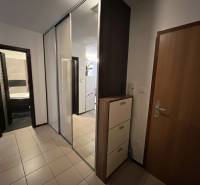REZERVOVANÉ-PREDAJ 2 izbový byt s garážou v skvelej lokalite v Ružinov - Vstupná hala v 2-izbovom byte s dlažbou, veľkým zrkadlom a skrinkami.