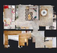 3-izbový byt VÍŤAZNÝ OVÁL | Dubnica nad Váhom  - 3-izbový byt s podlahou s dreveným dekorom a dlažbou, pôdorys izieb zhora.