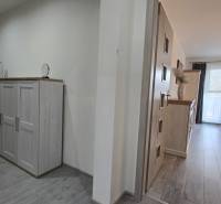 Moderný 2-izbový byt po rekonštrukcii v srdci Zlatého potoka - Zvolen - Vstupná hala a obývačka v 2-izbovom byte s podlahou s dreveným dekorom.