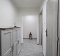 Moderný 2-izbový byt po rekonštrukcii v srdci Zlatého potoka - Zvolen - Chodba s podlahou s dreveným dekorom v 2-izbovom byte, nábytok na ľavej strane.