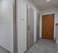 Moderný 2-izbový byt po rekonštrukcii v srdci Zlatého potoka - Zvolen - Vstupná predsieň s drevenými dverami a nábytkom v 2-izbovom byte, svetlá podlaha.