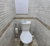 Moderný 2-izbový byt po rekonštrukcii v srdci Zlatého potoka - Zvolen - Kúpeľňa z 2-izbového bytu s toaletou a podlahou s dreveným dekorom.