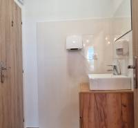 Prenájom kaviarne  v obci Nová Dedinka pri Senci - Interiér gastro priestoru so svetlými stenami, podlahou s dreveným dekorom a umývadlom.