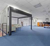 Kancelárie-Showroom 357 m², Zadunajská cesta, Petržalka, BA - Obchodné priestory s modrým kobercom, konferenčným stolíkom a otvoreným priestorom na poschodí.