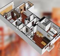  VÝNIMOČNÝ 4-izbový byt rozdelený na DVA SAMOSTATNÉ BYTY - Pôdorys 4-izbového bytu s podlahou s dreveným dekorom a nábytkom.