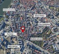  VÝNIMOČNÝ 4-izbový byt rozdelený na DVA SAMOSTATNÉ BYTY - Letecký pohľad na Bratislavu - Staré Mesto s označením lokalít a 4-izbového bytu na Grösslingovej.