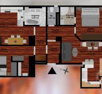  VÝNIMOČNÝ 4-izbový byt rozdelený na DVA SAMOSTATNÉ BYTY - Pôdorys 4-izbového bytu s podlahou s dreveným dekorom, dvomi kúpeľňami a terasou.