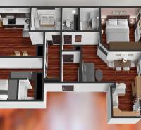  VÝNIMOČNÝ 4-izbový byt rozdelený na DVA SAMOSTATNÉ BYTY - Pôdorys štvorizbového bytu so zariadením, podlahou s dreveným dekorom a balkónom.