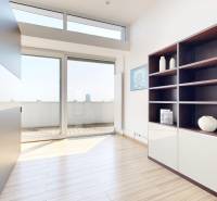 Exkluzívny byt pod Slavínom s terasou a výhľadom na Bratislavu - Interiér 4-izbového bytu s podlahou s dreveným dekorom a vstupom na terasu.