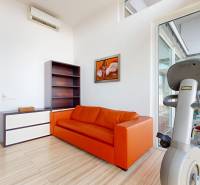 Exkluzívny byt pod Slavínom s terasou a výhľadom na Bratislavu - Oranžová pohovka, stacionárny bicykel a podlaha s dreveným dekorom v 4-izbovom byte.