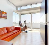 Exkluzívny byt pod Slavínom s terasou a výhľadom na Bratislavu - Obývacia izba v 4-izbovom byte s oranžovou pohovkou, podlahou s dreveným dekorom a cvičebným bicyklom.