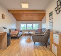 MODERNÝ KANCELÁRSKY PRIESTOR NA PRENÁJOM - Kancelárie s podlahou s dreveným dekorom, pohovkou, kreslami a pracovným stolom.