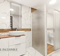 NADŠTANDARDNÁ REKREAČNÁ CHATA | DUCHONKA  - Kúpeľňa v chate s umývadlom a sprchovacím kútom, mramorové obklady na stenách.