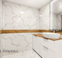 NADŠTANDARDNÁ REKREAČNÁ CHATA | DUCHONKA  - Kúpeľňa v chate s mramorovými dlaždicami a umývadlom na drevenom povrchu.