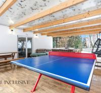 NADŠTANDARDNÁ REKREAČNÁ CHATA | DUCHONKA  - Pingpongový stôl vedľa lavice a hojdačky na terase v chate s dreveným dekorom.