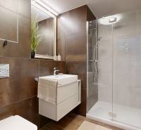 RIVERS | Butikovo zariadený ateliér na 32. poschodí Eurovea Tower - Kúpeľňa v 2-izbovom byte so sprchovým kútom a umývadlom.