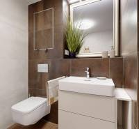 RIVERS | Butikovo zariadený ateliér na 32. poschodí Eurovea Tower - Kúpeľňa v 2-izbovom byte s obkladmi, umývadlom a vstavaným WC.