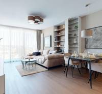 RIVERS | Butikovo zariadený ateliér na 32. poschodí Eurovea Tower - Obývacia izba v 2-izbovom byte s podlahou s dreveným dekorom a jedálenským stolom.