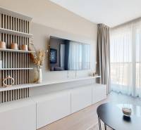 RIVERS | Butikovo zariadený ateliér na 32. poschodí Eurovea Tower - Svetlá obývacia izba v 2-izbovom byte s podlahou s dreveným dekorom a veľkými oknami.