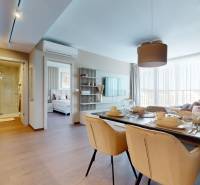 RIVERS | Butikovo zariadený ateliér na 32. poschodí Eurovea Tower - Interiér 2-izbového bytu s jedálenským stolom, obývacou izbou a podlahou s dreveným dekorom.