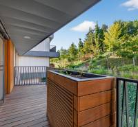 ︱ PREDAJ Nadštandardný 3-izb. byt v projekte Gansberg Koliba - Balkón s podlahou s dreveným dekorom, s výhľadom na zeleň v 3-izbovom byte.