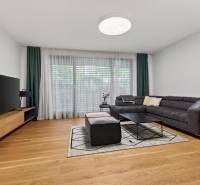 ︱ PREDAJ Nadštandardný 3-izb. byt v projekte Gansberg Koliba - Obývacia izba v 3-izbovom byte s pohovkou, televízorom a podlahou s dreveným dekorom.
