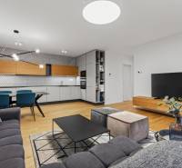 ︱ PREDAJ Nadštandardný 3-izb. byt v projekte Gansberg Koliba - Obývacia izba s kuchyňou v 3-izbovom byte, podlaha s dreveným dekorom, moderný nábytok.